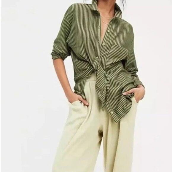 Free People Beach Better Days Button Down Shirt Women S Green Brown Striped L/S - Picture 1 of 11